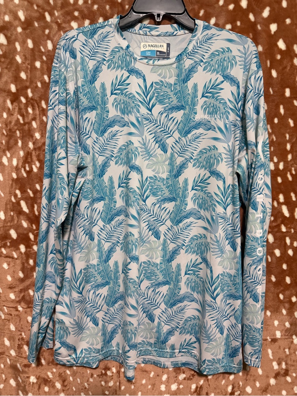 Magellan Outdoors Teal Leaf-Print Long Sleeve Dri-Fit Shirt